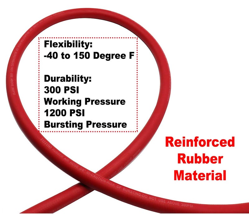 YOTOO Rubber Lead-in Air Hose 3/8-Inch by 6-Feet 300 PSI Heavy Duty, Kink Resistant, All-Weather Flexibility with 1/4-Inch Brass Male Fittings, Bend Restrictors, Red - Image 2